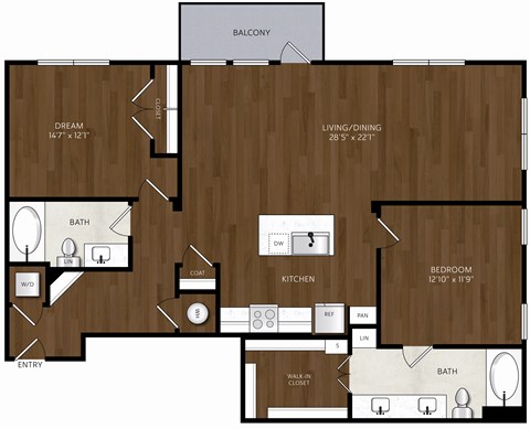Floor plan for 2 beds, 2 baths, 1255 sqft